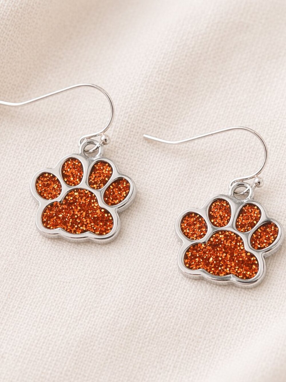 Orange Glitter Paw Print Dangle Earrings Pet Lover Dog Jewelry Gift